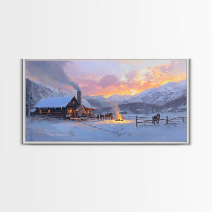 Cozy Snowy Log Cabin Tall Art Framed Canvas Print Winter Home Decor With Warm Fireplace And Horse Rider Under A Beautiful Sunset Scene