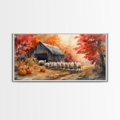 Framed Canvas Print Autumn Farm with Sheep and Pumpkins, Perfect Fall Decor, Rustic Country Home Wall Art, Seasonal Autumn Canvas Print