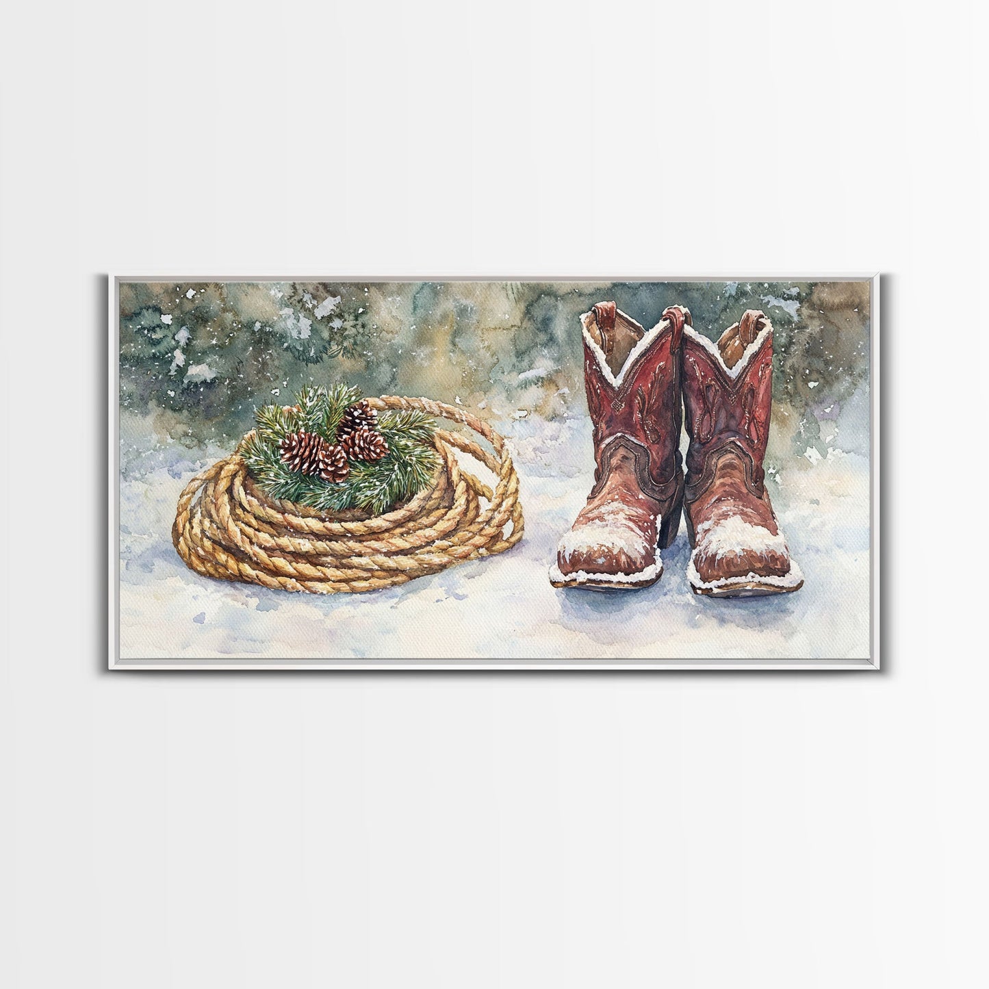 Canvas Print Cowboy Boots with Christmas Wreath and Rope, Rustic Christmas Decor, Winter Western Holiday Art, Farmhouse Wall Print
