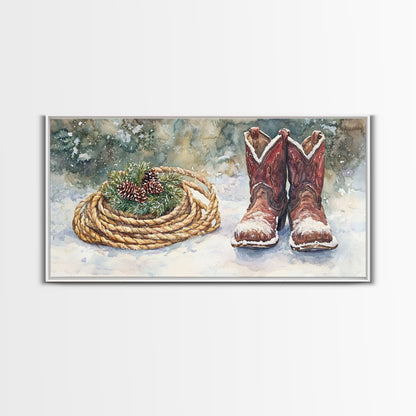 Canvas Print Cowboy Boots with Christmas Wreath and Rope, Rustic Christmas Decor, Winter Western Holiday Art, Farmhouse Wall Print