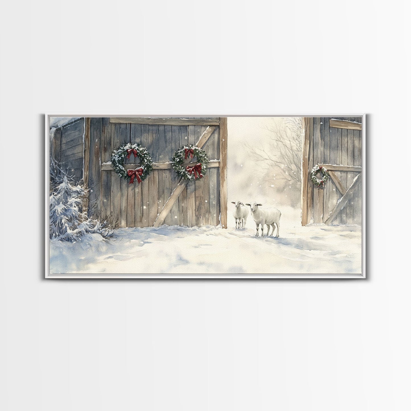 Christmas decor farmhouse Framed Canvas Print snowy barn Christmas scene holiday wall art best gift Christmas decor Christmas tree art 2024
