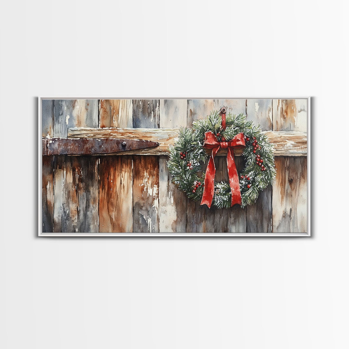 Rustic Wreath Red Ribbon Canvas Print Christmas Door Decor Farmhouse Christmas Wall Art Framed Canvas Print Christmas Outdoor Decor