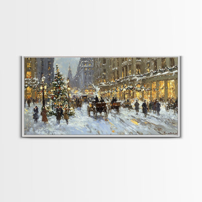 Bustling Christmas Street Scene Tall Art Framed Canvas Print Vintage Winter Holiday Scene With Horse-Drawn Carriages And Festive Lights
