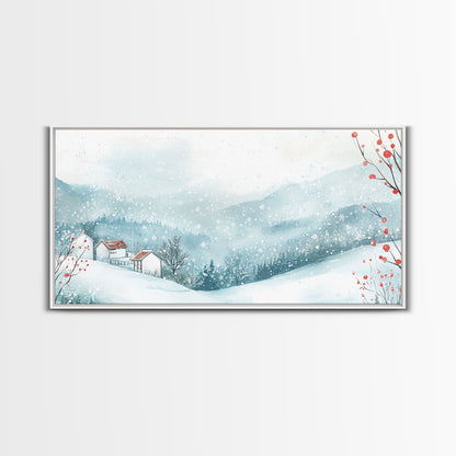 Winter mountain village art, snow-covered landscape, holiday wall art, winter wall decor, cozy winter home decor, framed canvas print