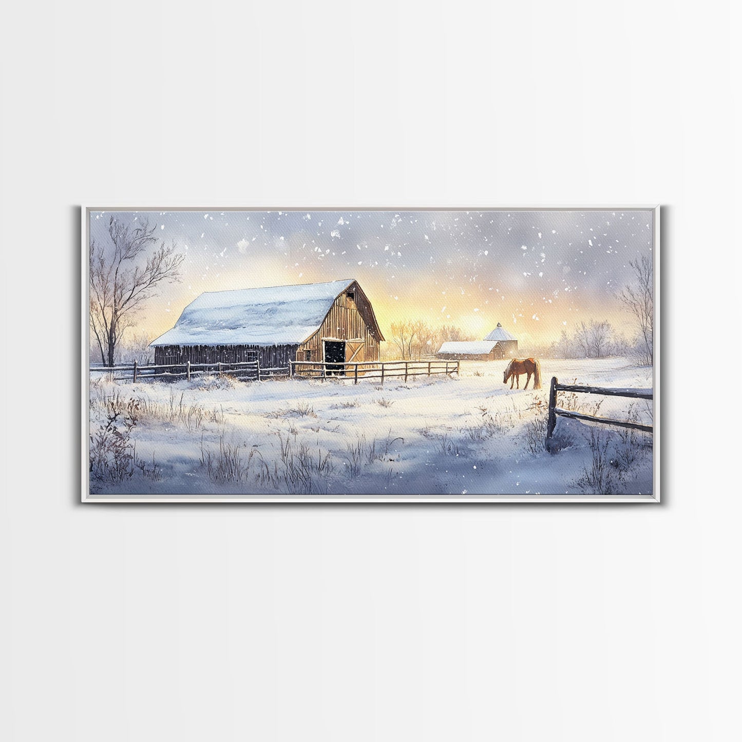 Rustic Barn in Winter Wonderland, Framed Canvas Print, Farmhouse Christmas Art, Christmas Wall Decor, Holiday Seasonal Wall Art, Gift Idea