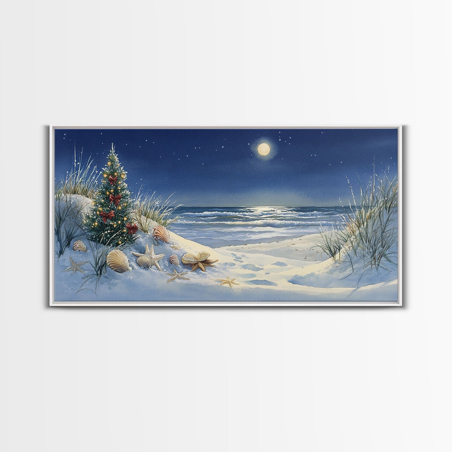 Christmas Tree on Snowy Beach with Full Moon, Framed Canvas Print, Coastal Christmas Art, Nautical Holiday Decor, Winter Wonderland, Beach