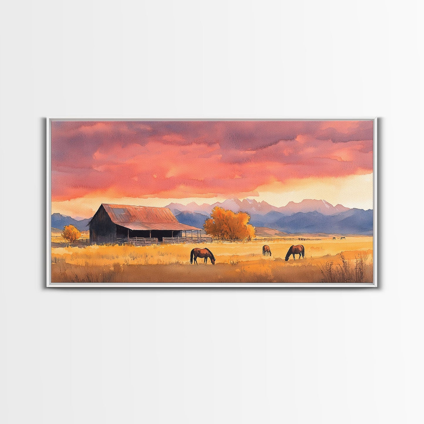 Rustic Mountain Barn Sunset Canvas Print | Autumn Farmhouse Wall Art | Fall Home Decor | Holiday Art Gift | Framed Canvas Print Wall Decor