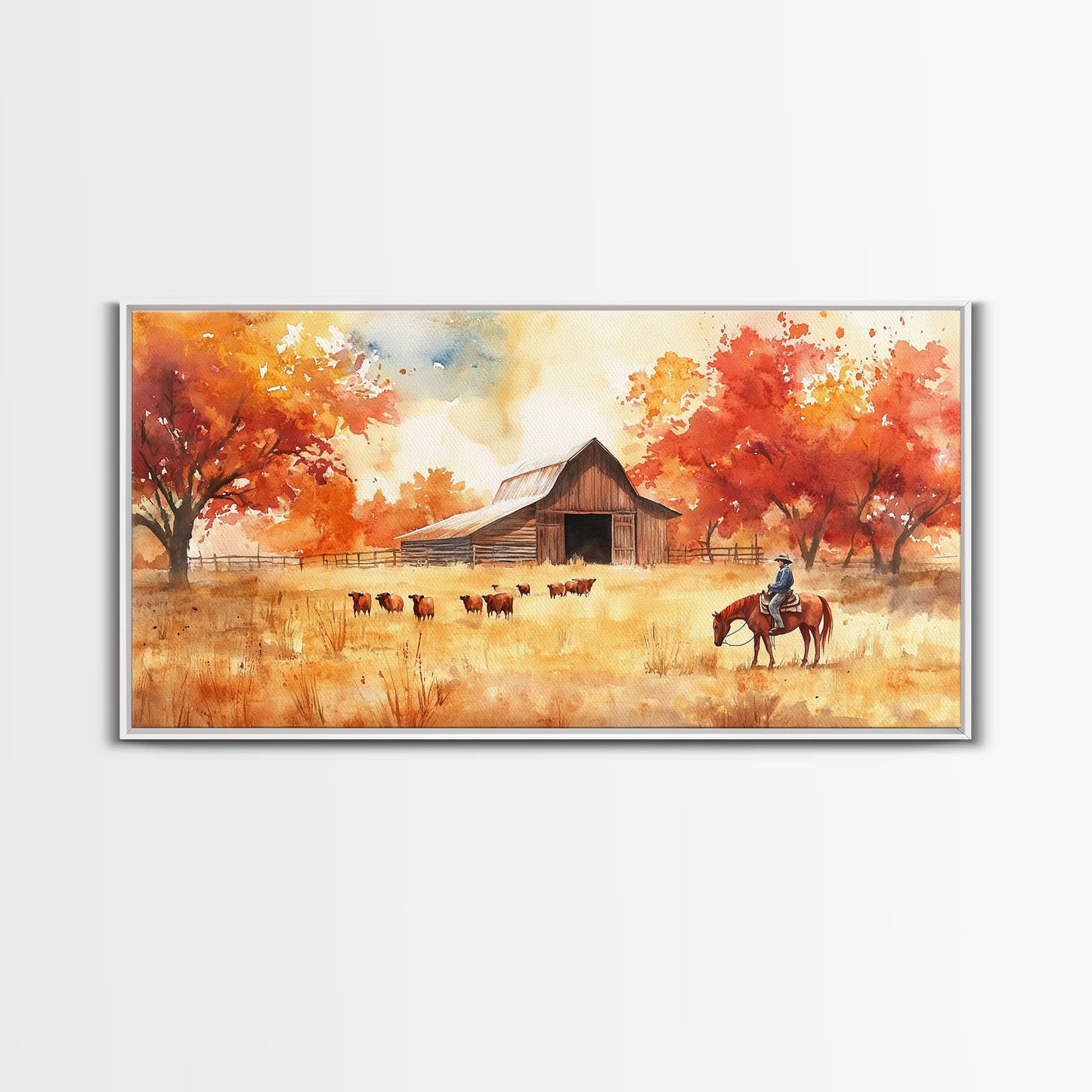 Cowboy on horse in autumn farm scene, framed canvas print, rustic fall decor, farmhouse home decor, cozy autumn landscape art, fall wall art