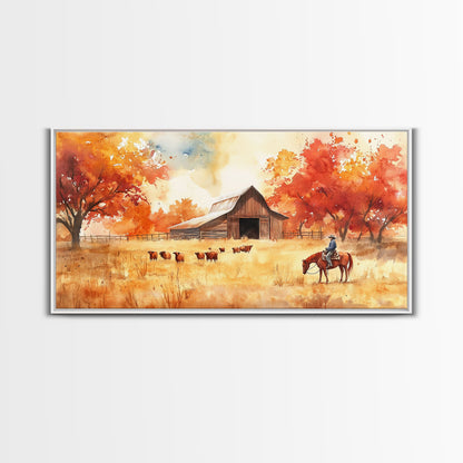 Cowboy on horse in autumn farm scene, framed canvas print, rustic fall decor, farmhouse home decor, cozy autumn landscape art, fall wall art