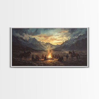Cowboys am Lagerfeuer im Sonnenuntergang – Gerahmter Leinwanddruck im Westernstil – Perfekte Winterwanddekoration und rustikale Berghüttenkunst