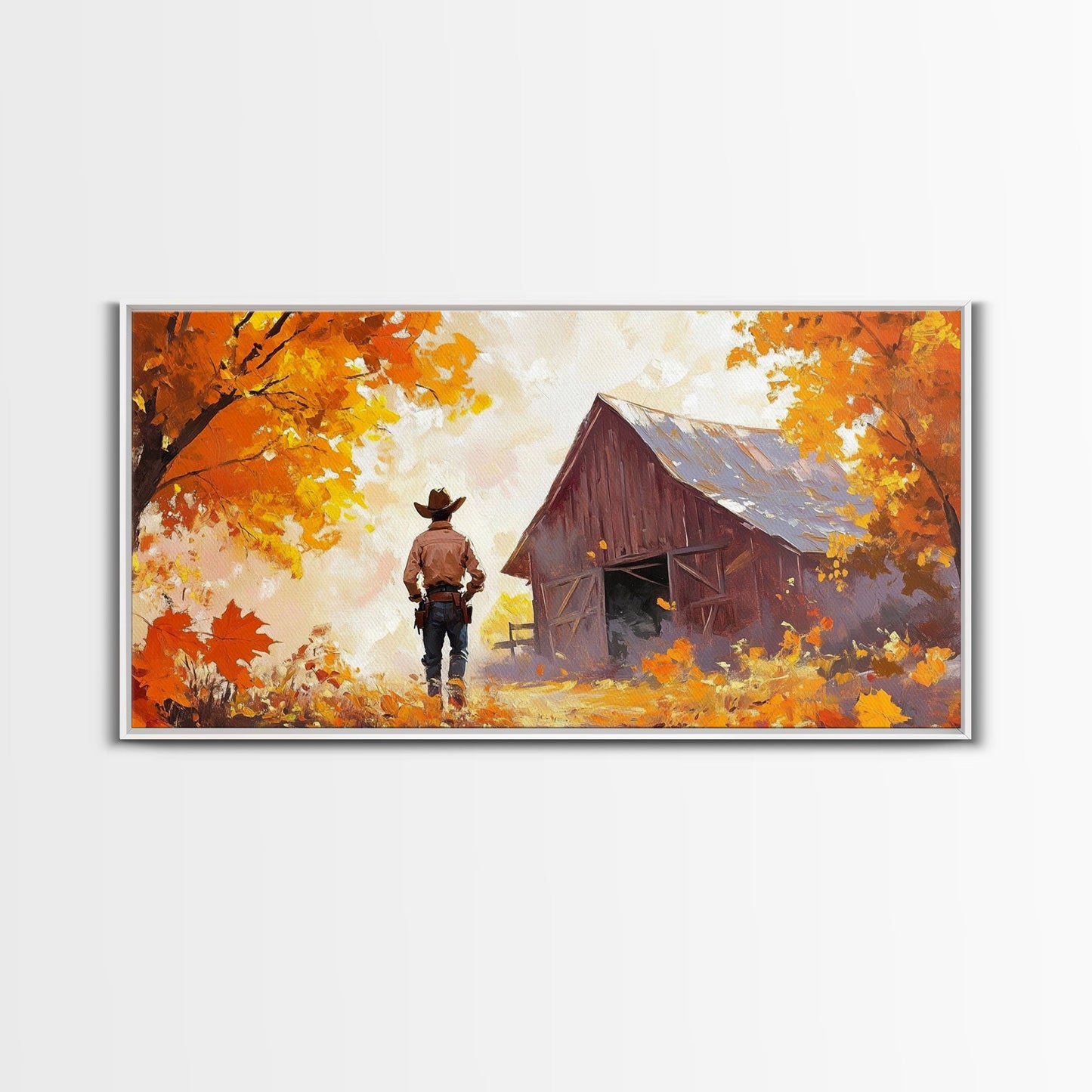 Cowboy and His Barn, Framed Canvas Print, Landscape Art Christmas Cowboy Holiday Art Wall Decor Seasonal