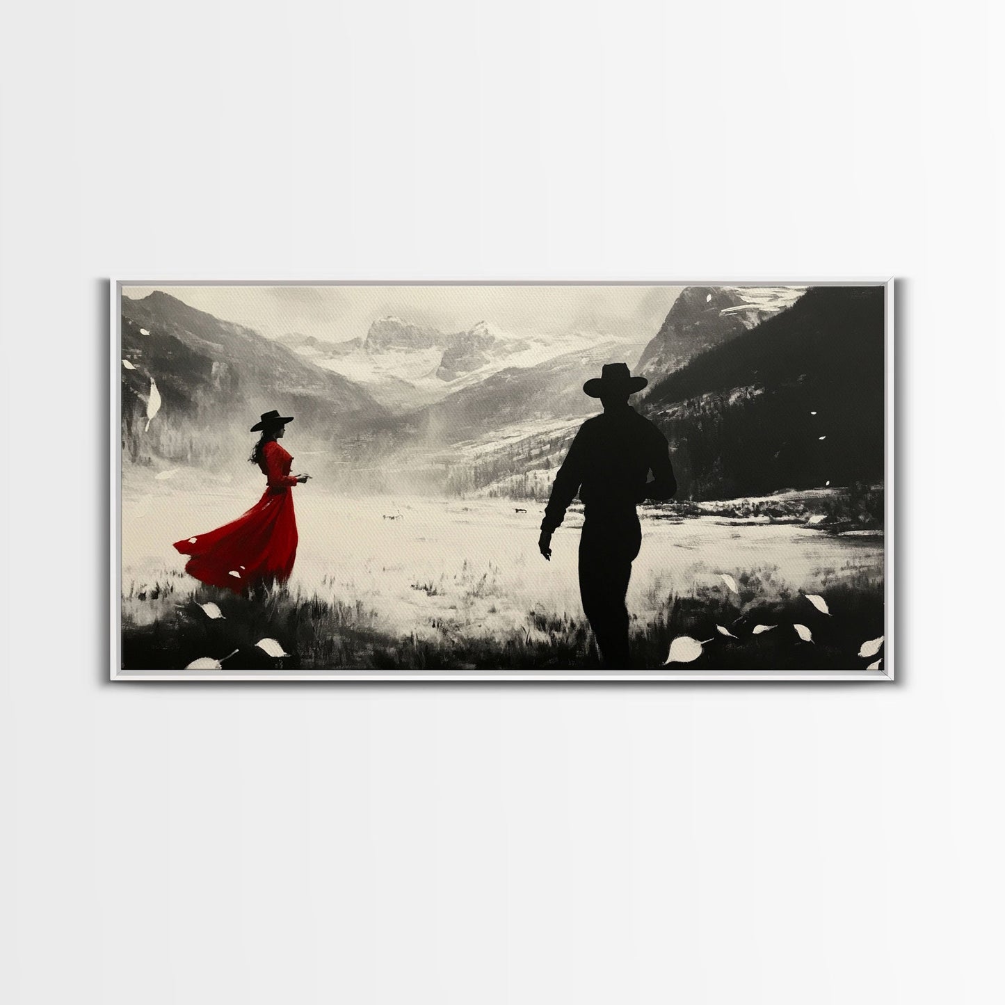 Winter Forest Cowboy Framed Canvas Print Christmas Cowboy Art Above Sofa Holiday Wall Decor Seasonal Winter Wonderland Gift