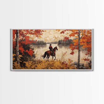 Cowboy on mountainside with red autumn leaves rugged cliffs, Framed Canvas Print, fall landscape wall art, western decor with warm colors