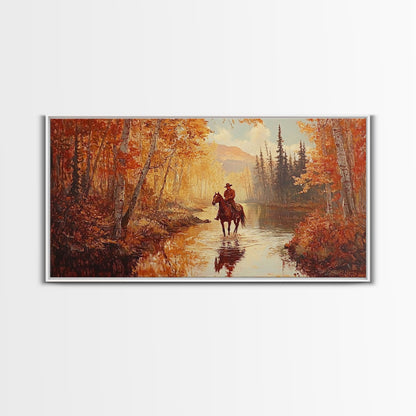 Black white cowboy riding toward snow-covered mountains, Framed Canvas Print, minimalist winter wall art, moody landscape, western decor