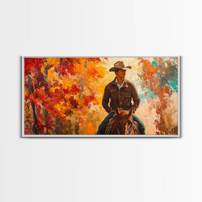 Cowboy Riding Through The Autumn Trees, Framed Canvas Print, Rustic Farmhouse Wall Art, Boho Style Seasonal Watercolor Painting