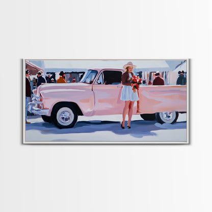 Cute Cowgirl and Her Pink Truck, Framed Canvas Print, Retro Pink Fall Decor, Wall Art Fall Home Decor, Ideal Gift Idea Rustic Seasonal Decor
