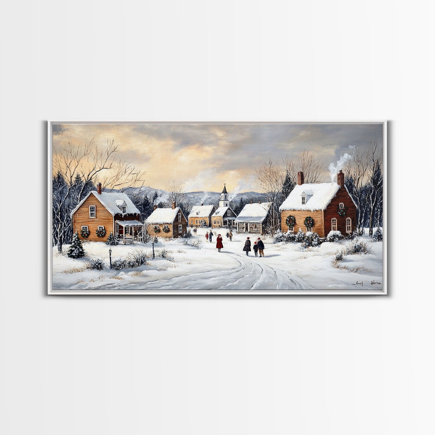 Snowy Village Church Scene, Rustic Christmas Landscape Wall Art, Winter Wonderland Framed Canvas Print, Country Holiday Home Decor