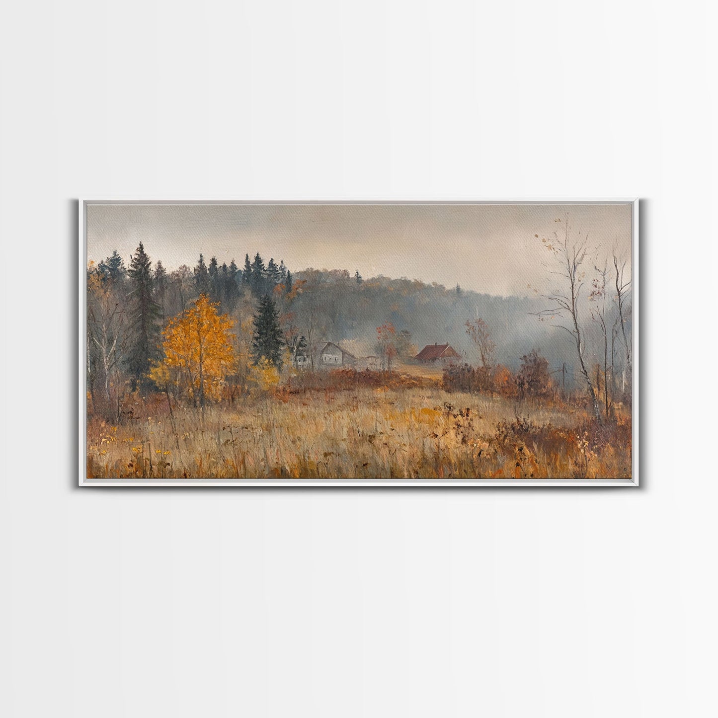 Early American Style Landscape Painting, Framed Canvas Print, Christmas Holiday Wall Art for Seasonal Winter Decor