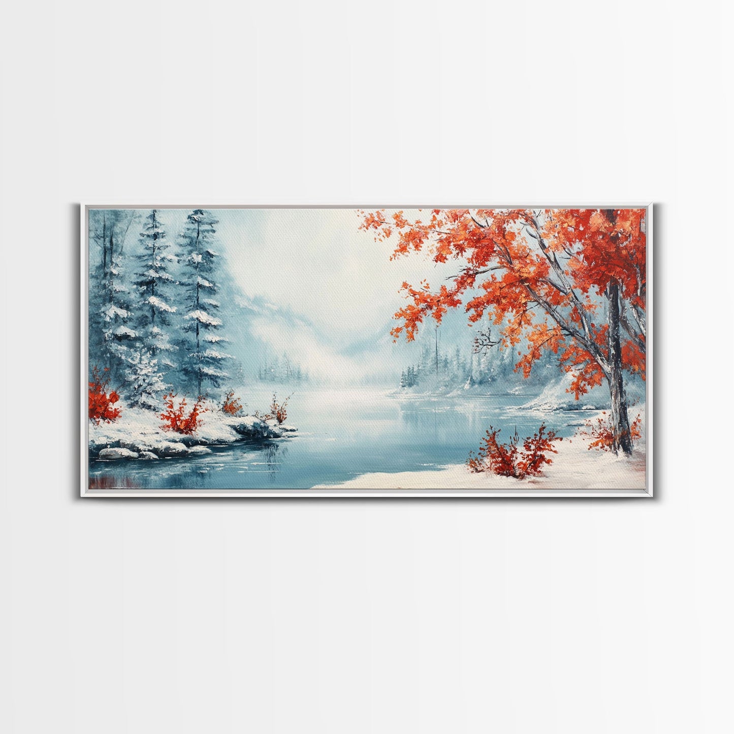 Painting Of A Forest In Winter, Framed Canvas Print with Wreaths, Perfect Christmas Holiday Decor, Ideal Winter Wall Art Gift