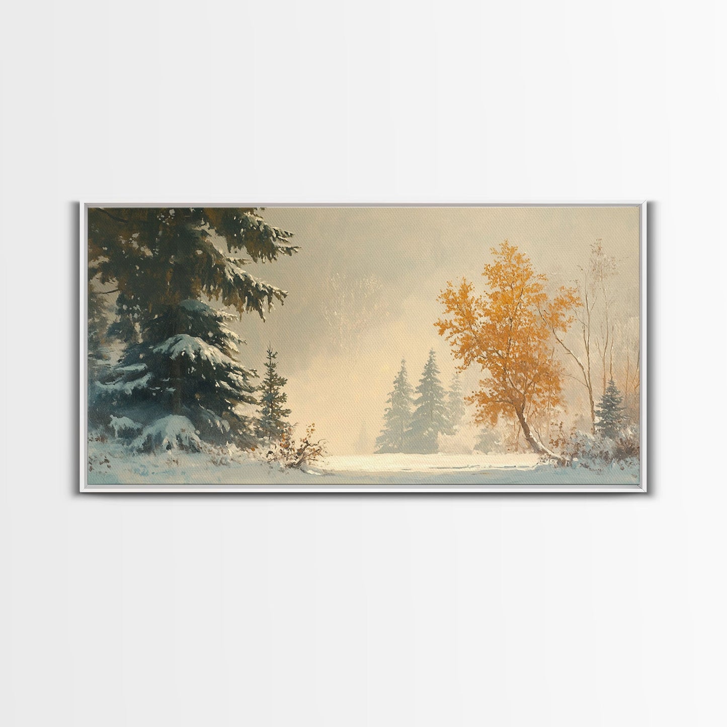 Subdued Winter Landscape, Moody Landscape Painting, Framed Canvas Print, classic Christmas wall art for holiday decor
