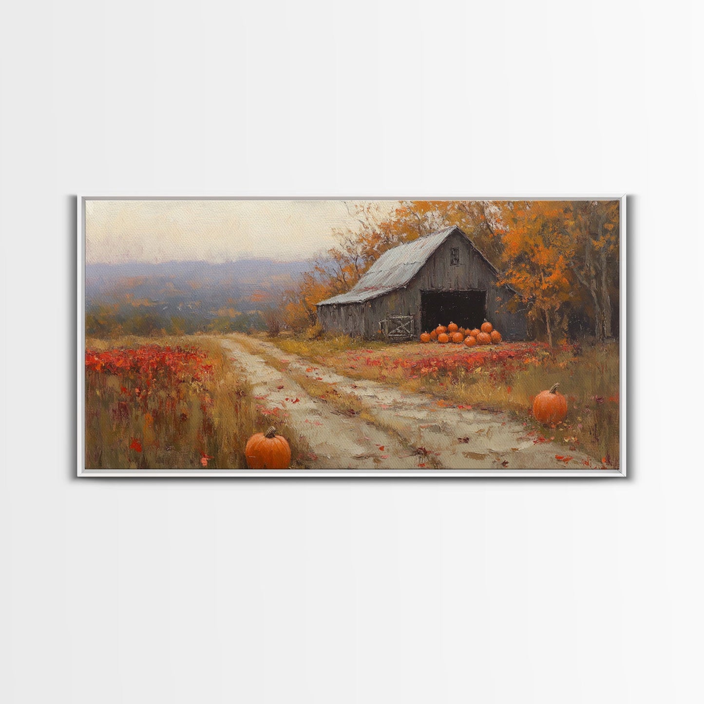 Scenic Country Farmhouse Autumn Harvest Framed Canvas Print with Pumpkins, Rustic Farmhouse Fall Art, Wall Decor, Seasonal Wall Art Gift