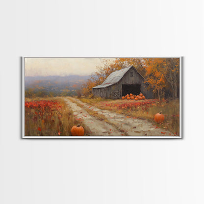 Scenic Country Farmhouse Autumn Harvest Framed Canvas Print with Pumpkins, Rustic Farmhouse Fall Art, Wall Decor, Seasonal Wall Art Gift