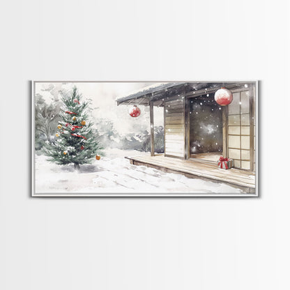 Minimalist Japanese Christmas Scene Framed Canvas Print, Snowy Holiday Decor with Simple Tree and Lantern Perfect Holiday Art