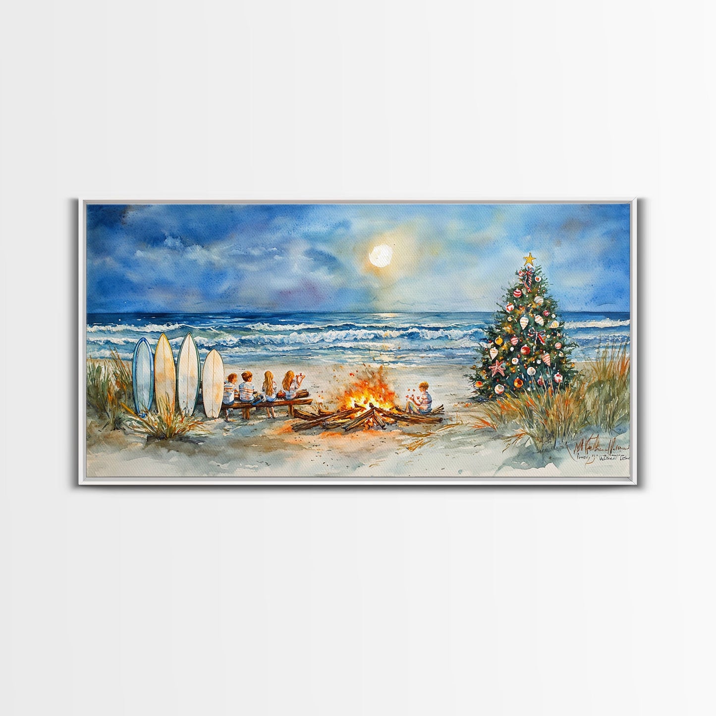 Christmas bonfire on the beach with surfboards and decorated tree, framed canvas print ideal tropical holiday wall art decor