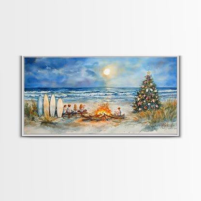 Christmas bonfire on the beach with surfboards and decorated tree, framed canvas print ideal tropical holiday wall art decor