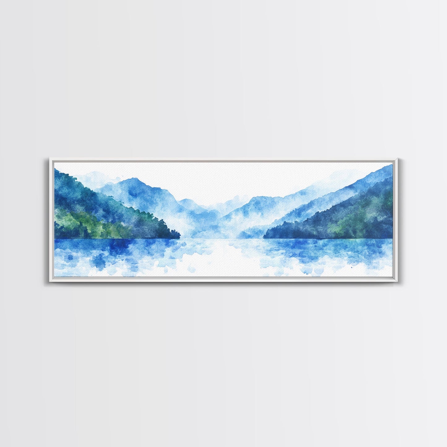 Reflections - Foggy Mountain Morning - Watercolor Painting Print - Wood Framed Wall Art - Panoramic Painting