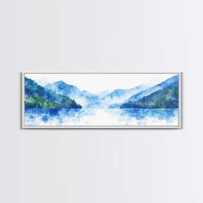 Reflections - Foggy Mountain Morning - Watercolor Painting Print - Wood Framed Wall Art - Panoramic Painting