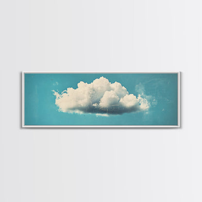 Framed Canvas Art, Sky Blue, Navy Blue Lonely Cloud Art, Minimalist Art Print, Panoramic Extra Wide Horizontal Art, Lonely Cloud
