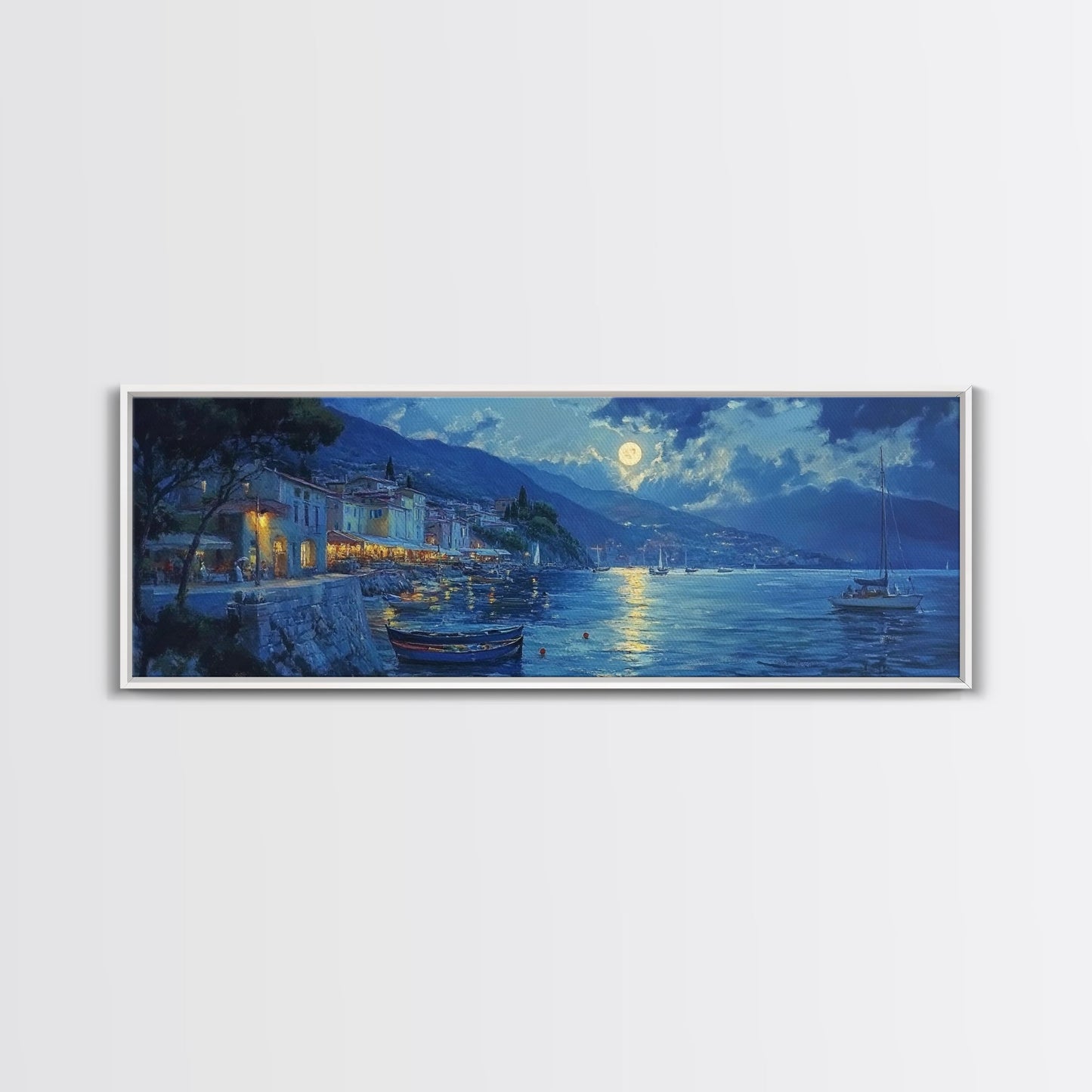 Fishing Village at Midnight Under a Full Moon, Framed Canvas Print, Panoramic Wall Art, Eclectic Boho Home Decor, Wide Oversized Wall Art
