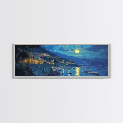 Greece at Midnight - Framed Canvas Print - Greek Fishing Village Under a Full Moon - Boho Wall Art - Moody Landscape Painting
