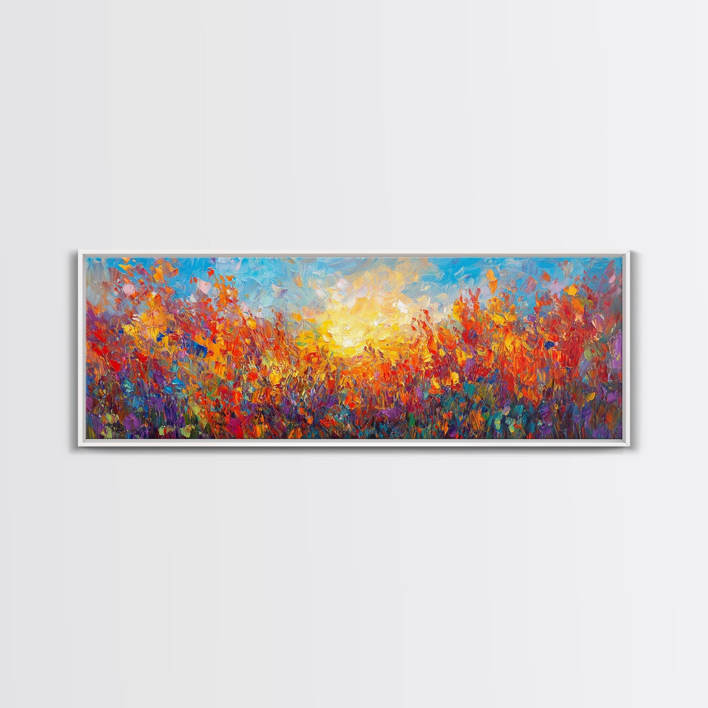 Original Wildflower Painting Print, Panoramic Extra Wide Wall Art, Floral Landscape Custom Rustic Home Decor, Sunset Through The Flowers