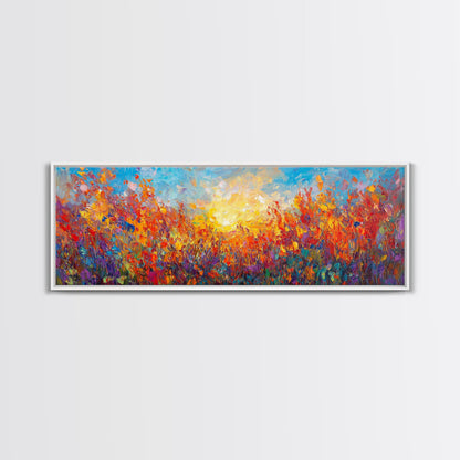 Original Wildflower Painting Print, Panoramic Extra Wide Wall Art, Floral Landscape Custom Rustic Home Decor, Sunset Through The Flowers
