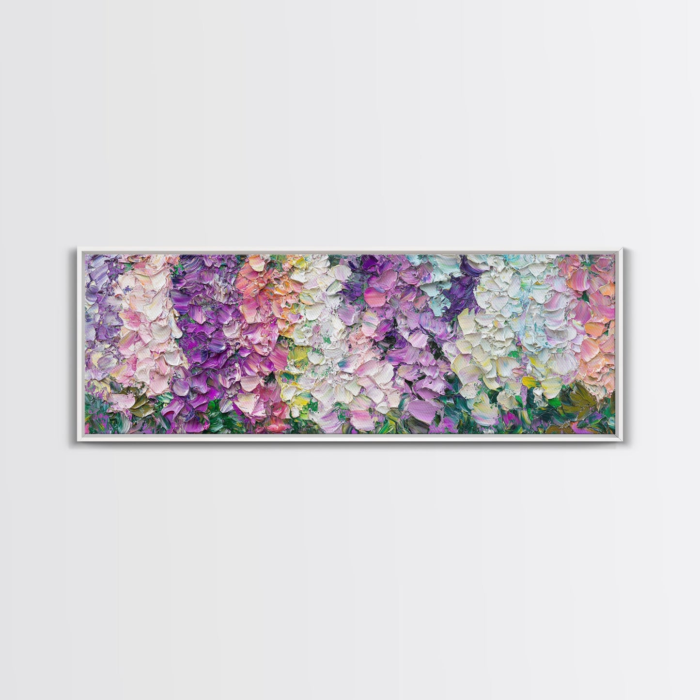 White, Pink and Purple Wild Flowers, Framed Canvas Print, Floral Oil Painting, Abstract Flower Painting, Panoramic Oversized Wall Art