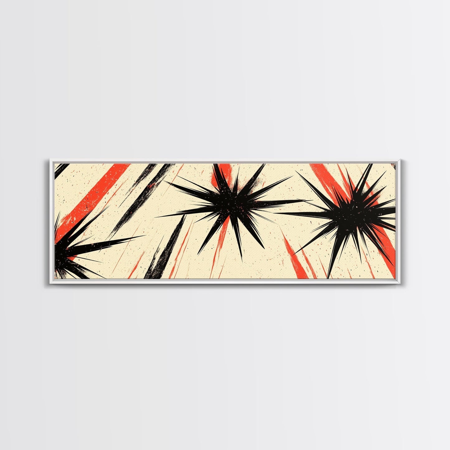 Flashes and Light - Framed Canvas Print - Mid-century Modern Rocket Age Inspired Wall Art - Black Stars with Red Streaks