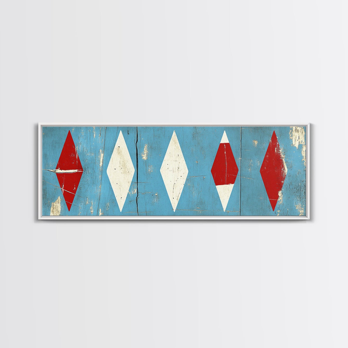 Red & White Diamonds - Framed Canvas Print - Rustic / Distressed MCM Mashup Home Decor - Turquoise Background