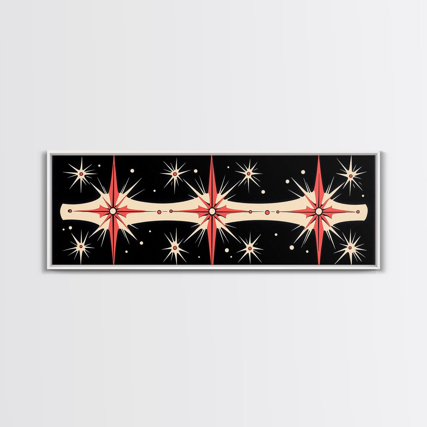 Neutral Star Burst Framed Canvas Print, Abstract Atomic Age Wall Art, Mid-Century Modern 1950s Style Home Decor, Large Scale Art