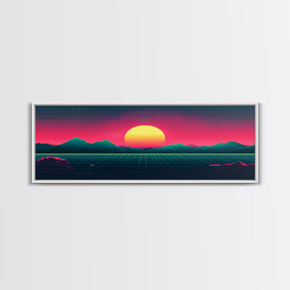 Synthwave Sunset Over The Mountains, Wireframe Art, Framed Canvas Print, Wire Frame Retro 1980s Style Wall Art