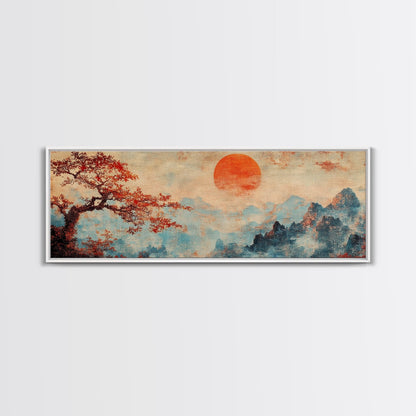 Japanese Maple Tree at Sunset, Vintage Japanese Inspired Woodblock Print Canvas Art, Retro Japanese Art
