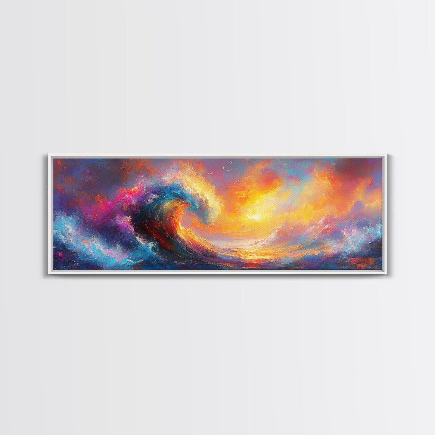 Oil Painting Print of Rainbow Ocean Waves, Retro Farmhouse Beach House Decor, Panoramic Extra Wide Wall Art