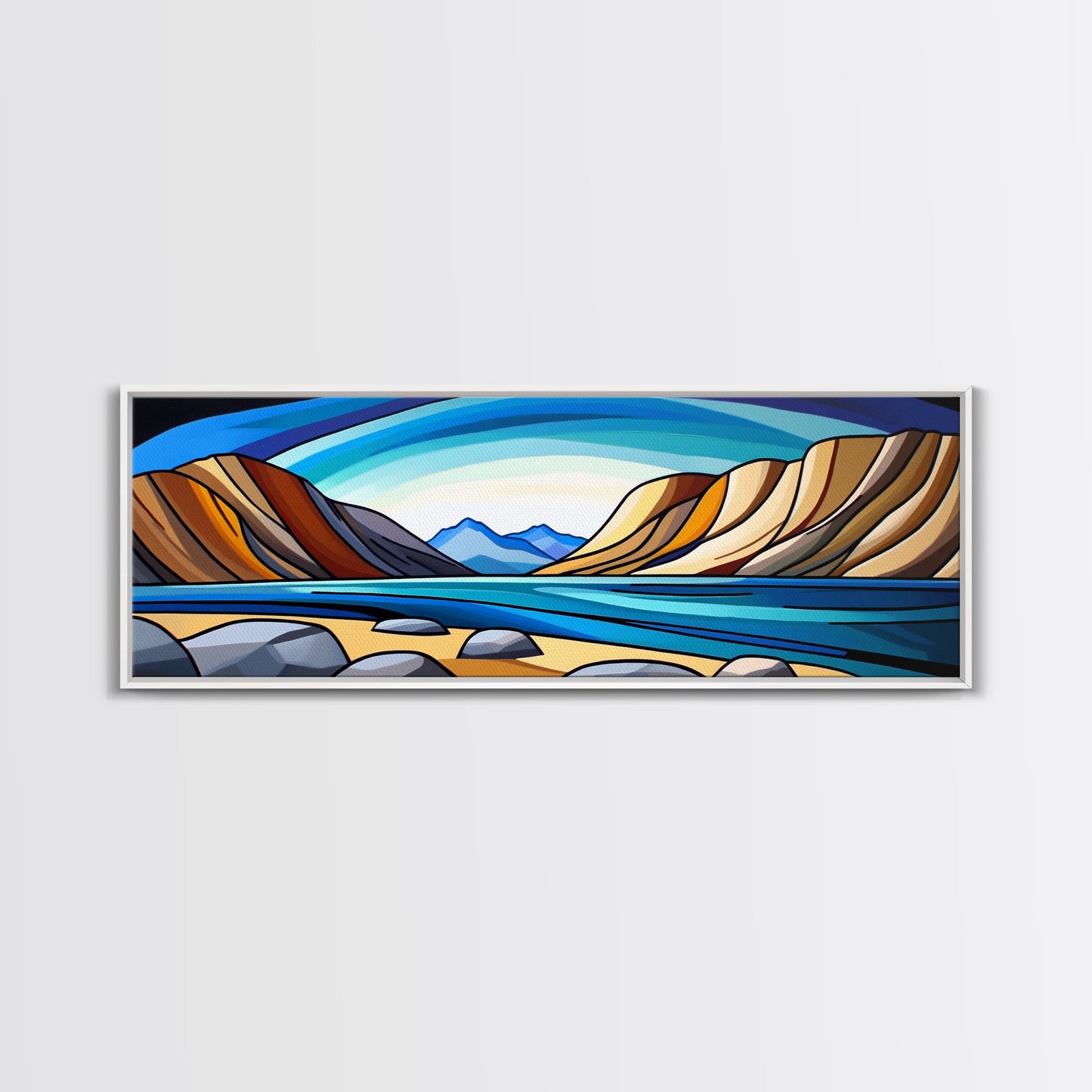 Retro Art Deco Landscape Print, Stained Glass Style Landscape Painting, Wood Framed Wall Art, Horizontal Art, Ultra Wide Panoramic Art