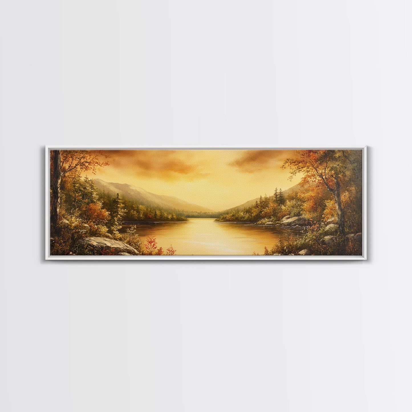 Sunset Over The Lake, Framed Canvas Print, Ultra Wide Wall Art, Panoramic Painting, Above Sofa Or Bed Wall Art, Home Decor, Calm Wall Art