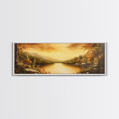 Sunset Over The Lake, Framed Canvas Print, Ultra Wide Wall Art, Panoramic Painting, Above Sofa Or Bed Wall Art, Home Decor, Calm Wall Art