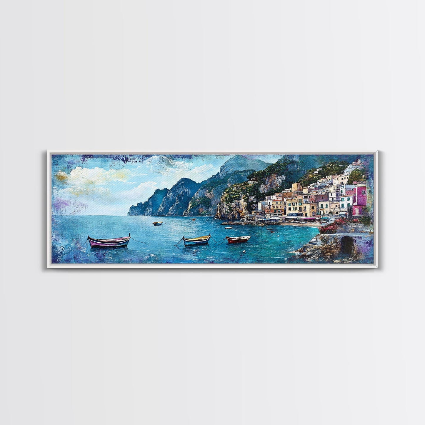 Italian Seaside, Framed Canvas Print, Italy In The Summer, Original Artwork Oil Painting Print, Gift Idea, Horizontal Wood Framed Panoramic Art