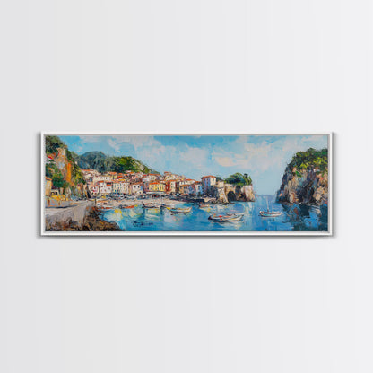 Muted Italian Fishing Village Painting Print, Boho Wall Art, Minimalist Style Panoramic Painting, Extra Large Oversized Wall Art, Home Decor / Gift Idea