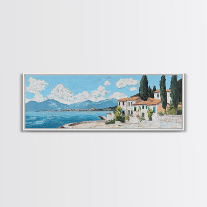 Impressionist Painting of an Italian Seaside Villa, Framed Canvas Print, Italy Village Decor, Ulta Wide Panoramic Landscape Painting