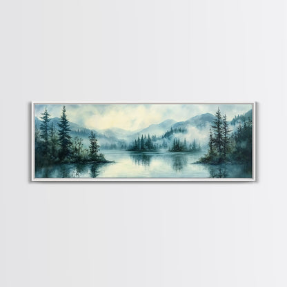 Fog Over The Lake Panoramic Painting Print - Rustic Decor - Panoramic Ultra Wide Wall Art For Above Bed or Sofa - Moody Decor